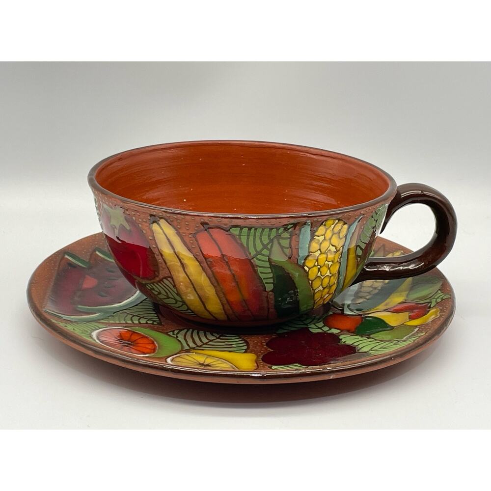Red-ware Vintage Handled Bowl / Pot & Plate Folk-art Fruit Pattern